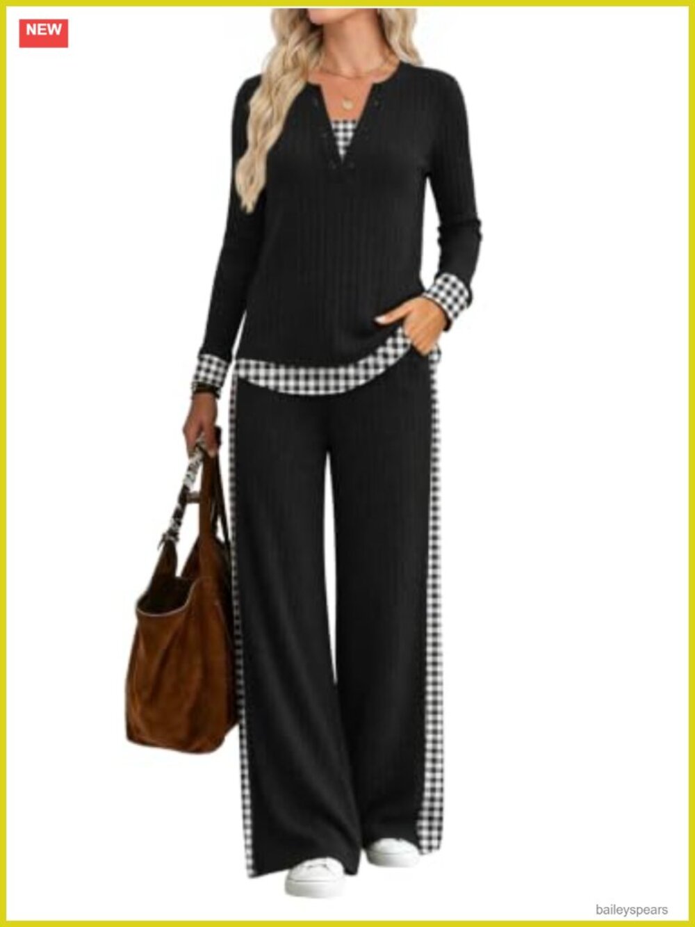 Women 2-Piece Lounge Set Ribbed Henley Wide Leg Pant Set Casual Outfit